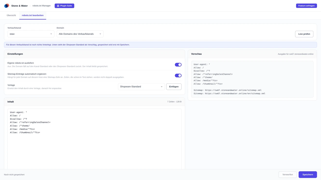 robots.txt Manager in Shopware: editor with sales channel, domain, template and content